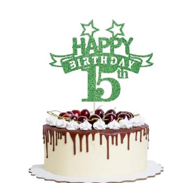Imagem de YQLXDHBD Topo de bolo de feliz aniversário de 15 anos com glitter verde, decoração de bolo de aniversário para 15 anos, decoração de bolo temática de aniversário de 15 anos/artigos de festa