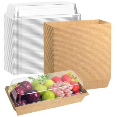 Imagem de QPEY 50 Caixas Pequenas De Frios Com Tampas Transparentes, Recipientes Para Mini Fatias Bolo Viagem, Caixa Papel Descartável Sobremesas Padaria, Biscoitos, Chocolate, Morango, Sushi, Donuts, Muffins