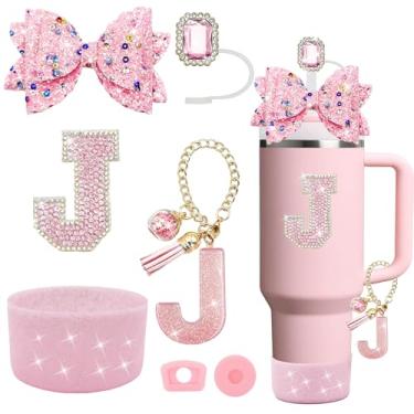 Imagem de Conjunto de acessórios de copo Stanley rosa de 7 peças, decorações de iniciais para Stanley Cup 850.5 g 1,134.0 g, inclui tampa de canudo de joia, tampa à prova de derramamento, pingente de alça, bota