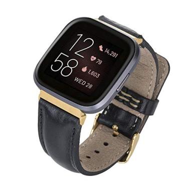 Imagem de Venito Pulseira de couro Toscana para relógio compatível com Fitbit Versa/Versa 2/Versa Lite - (preto rústico, conector e fecho dourados)