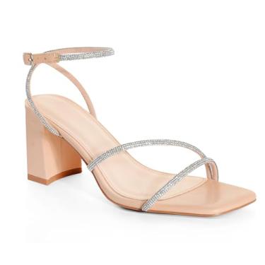 Imagem de adorose Sandálias De Salto Com Strass Para Mulheres, Grosso E Bloco Baile, Tiras Sensuais Verão, Bico Aberto, Tamanho Médio, Nude, 7