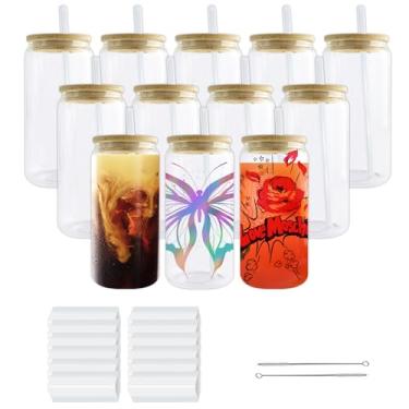 Imagem de Kocdam Copos de vidro de sublimação em branco com tampas e canudos de bambu conjunto de 12 xícaras de café gelado reutilizável de 473 ml, copos para beber latas de cerveja, copo fofo para smoothie,