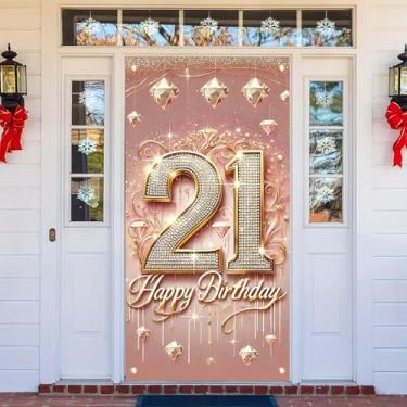 Imagem de Starlit Patio Faixa de fundo de porta de aniversário de 21 anos de ouro rosa para mulher com design de diamante e glitter, faixa de entrada de feliz aniversário, celebração, cintilante, adereços de