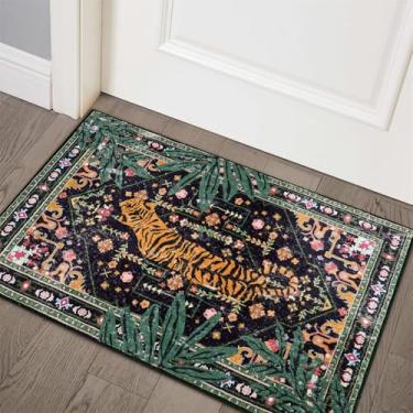Imagem de Aldopein Tapetes de entrada tropicais orientais laváveis, finos pretos boho vintage envelhecido hippie 2x3 tapetes para banheiro cozinha interior capacho antiderrapante abstrato botânico tribal
