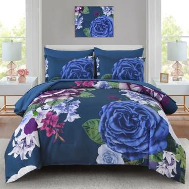 Imagem de Drucon Conjunto de edredom King, floral, azul, 7 peças, botânico, floral, microfibra macia, azul escuro, cama king size com lençol e fronha