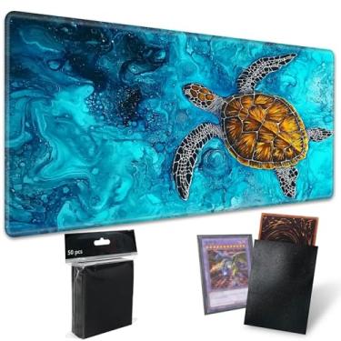 Imagem de Playmats for Magic: The Gathering MTG Card Game Mat Plus 50 Pcs Card Sleeves, 24 x 14 inch TCG Mat with Stitched Edge for Commander Deck Duskmourn Board Game, Turtle Swim in Ocean