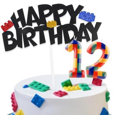 Imagem de Building Block Cake Decorations with Happy 12th Birthday Cake Toppers and Birthday Candles Numbers 12, Building Block Birthday Party Deco for Kids
