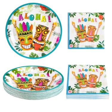 Imagem de WERNNSAI Pratos e guardanapos Aloha Luau – Serve 50 Gusets 100 peças havaianas tropicais Tiki artigos de festa descartáveis, conjunto de louças, pratos de papel, guardanapos para festa de aniversário