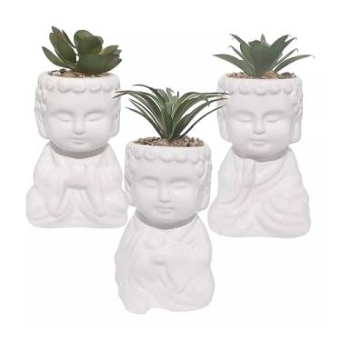 Imagem de Kit 3 Vasos Decorativos com Suculentas Artificiais, Cerâmica Branca Cinza, Decoração para Mesa, Nichos e Prateleiras, Banheiro (Branco)