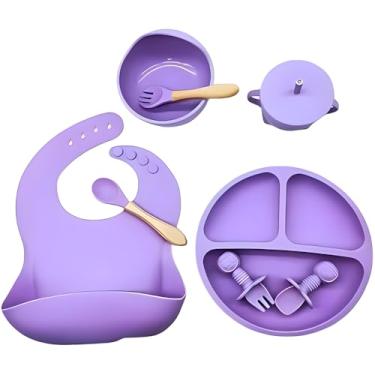 Imagem de Kit Introdução Alimentar Bebê 8 Peças em Silicone – Colher, Garfo, Copinho, Pratinho e Pote – Atóxico, Antibacteriano, Livre de BPA – Seguro Para Crianças a Partir de 6 Meses (ROXO)