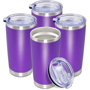 Imagem de AEPDTD Copo De Café Tavel 20 Oz A Granel Com Tampa Aço Inoxidável, Parede Dupla, Caneca Isolamento Vácuo, Copos Revestimento Em Pó, Adequado Para Porta-Copos Carro Quente E Frio - Roxo, Pacote 4