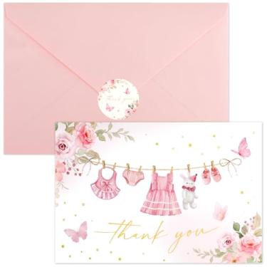 Imagem de 50 peças de cartões de agradecimento rosa para chá de bebê, 10 x 15 cm, cartões de felicitações a granel para chá de bebê com envelopes e adesivos de selo, para chás de bebê, festa de revelação de