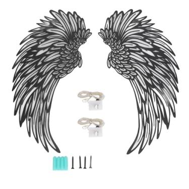 Imagem de Metal Angel Wings Decoração de parede com luzes de dupla face quente e fosco asas de anjo esculturas de parede para escritório em casa ferro preto 30 x 14cm