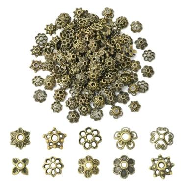 Imagem de KitBeads 200 peças 10 estilos de tampas de contas de flor de bronze antigas contas espaçadoras em forma de flor de metal antigo para pulseiras, colares, joias, artesanato