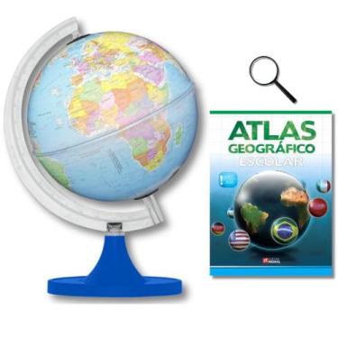 Imagem de Globo Terrestre Político Luminoso Base Azul 21cm + Atlas Geográfico + 