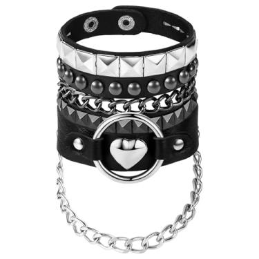 Imagem de Pulseiras de couro punk para mulheres e homens: 3 peças de punho de couro gótico ajustável com corrente de coração para concerto de rock de Halloween