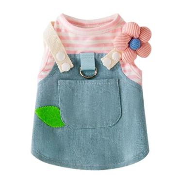 Imagem de Vestido jeans para cachorro com estampa listrada rosa, ombro floral e bolso de folhas, roupa para cães pequenos para chihuahua, yorkie, vestido de cachorrinho para aniversário, festa e uso diário