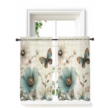 Imagem de Cortinas transparentes de flores turquesa para quarto e sala de estar, flores botânicas de primavera, cortinas de meia janela, 114 cm de comprimento, cortinas retrô de voile para casa de banho