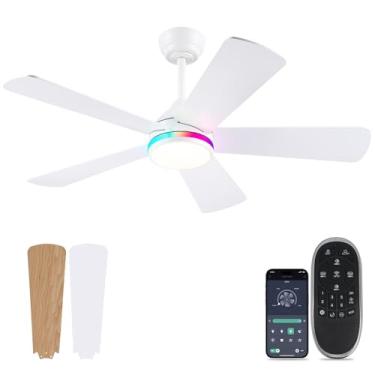 Imagem de Asyko Ventiladores de teto RGB brancos de 117 cm com luzes e controle remoto - Ventilador de teto interno de baixa porfi, 5 lâminas de dupla face, regulável de 3 CCT, luz de ventilador de teto moderna