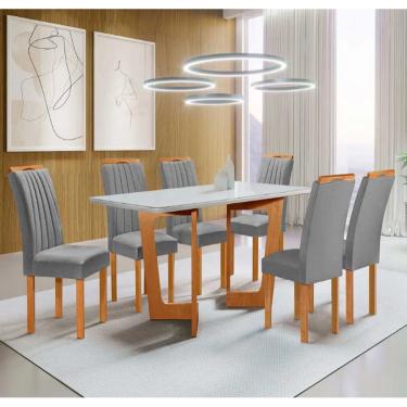 Imagem de Conjunto Sala de Jantar Dubai Tampo de Vidro/MDF 170x90 com 6 Cadeiras Dubai Cinamomo/Off