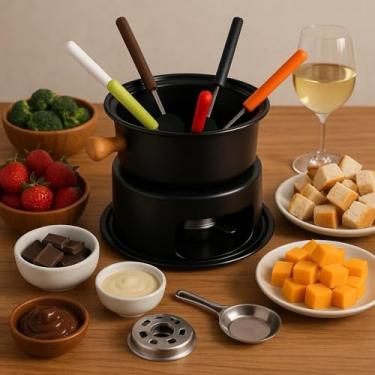 Imagem de Kit Jogo Panela Conjunto Fondue 11 Peças Aço Inox e Madeira Carne Chocolate Queijo Jantar Romântico