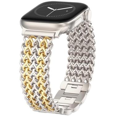 Imagem de WINGLE Pulseira feminina compatível com Apple Watch séries 10, 9, 8, 7, 6, 5, 4 e 3 e SE, de aço inoxidável elegante, 44 mm, 45 mm, 46 mm, 49 mm, ultra Starlight/dourado