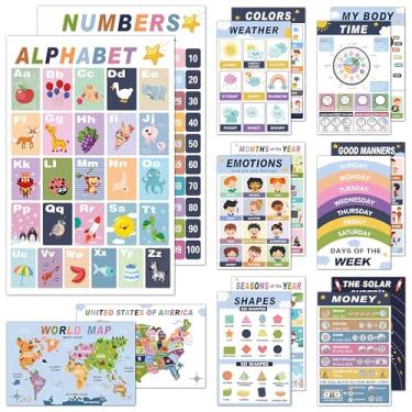 Imagem de Rovytix 16 pôsteres educativos para pré-escola e jardim de infância, tabelas laminadas de sala de aula para alfabeto ABC, números, formas, dias da semana, clima, mapa mundial e dos EUA, materiais de
