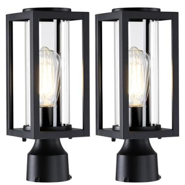 Imagem de Pacote com 2 lâmpadas de poste de poste de luz para uso externo, moderno, preto, postes de luz com vidro temperado, postes de luz antiferrugem para exterior para garagem, pátio, jardim