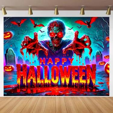 Imagem de BlissYard Tapeçaria Zumbi Halloween Luz Negra Brilha no Escuro UV Reativo Assustador Neon Terror Parede Cemitério Assombrado Decoração de Halloween com Morcegos Abóboras Lápides para Festa no Quarto