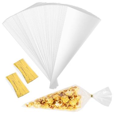 Imagem de 300 unidades de sacos de guloseimas transparentes em forma de cone de plástico em forma de celofane para doces de festa - 18 x 37 cm