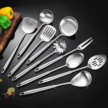 Imagem de NIITAWH Utensílios de cozinha de aço inoxidável, conjunto de utensílios de cozinha de 9 peças de metal com colher sólida, colher com fenda, garfo, espátula, concha, escumadeira, espátula, espátula,