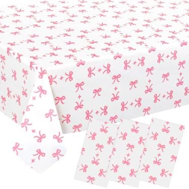 Imagem de TOATOM 3 toalhas de mesa de aniversário Coquette, toalhas de mesa descartáveis com laço rosa, capas de mesa retangulares para meninas, aniversário, casamento, noivado, despedida de solteira, 137 x 272