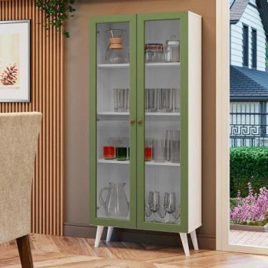 Imagem de Cristaleira 70 cm 2 Portas de Vidro com Pés Cônicos Branco/Verde/Branc
