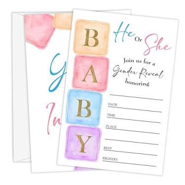 Imagem de Beshoul Convites para chá de bebê, blocos de 10 cm x 15 cm para chá de bebê com envelopes, ele ou ela revelam o gênero suprimentos de decorações de festa - B04