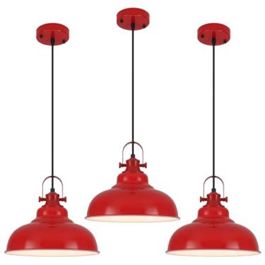 Imagem de GUIHUALOVE Luz pendente de cúpula vermelha, luz pendente vermelha ilha de cozinha, pacote com 3, luzes pendentes de casa de fazenda, luminária suspensa para ilha de cozinha, sala de jantar, sala de