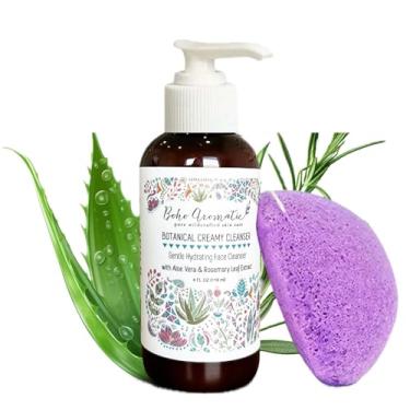 Imagem de Boho Aromatic Creme de limpeza facial botânico com esponja Konjac – Lavagem facial diária sem espuma para peles sensíveis – limpador facial natural e orgânico antienvelhecimento – creme facial