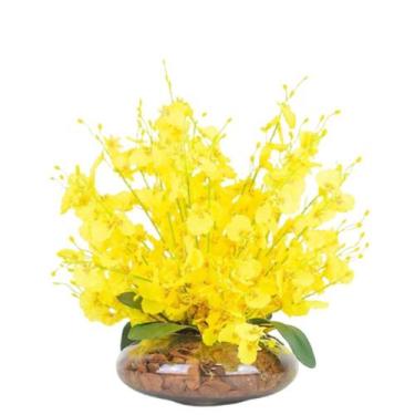 Imagem de Arranjo E Vaso Vidro Flores Orquideas Artificiais Amarelas - La Caza S