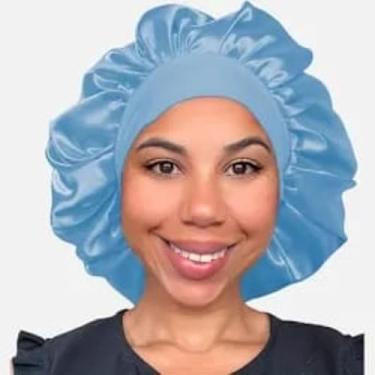 Imagem de Touca de Cetim Grande para Dormir com Faixa Larga Anti-Frizz - Gorro de Cetim com Aba Gigante, Proteção Cabelo Contra Frizz e Toque(1,azul bebê)