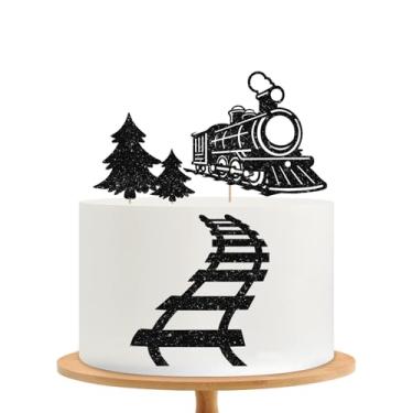 Imagem de Topo de bolo vintage de trem a vapor, decoração de bolo de aniversário de trem a vapor, topo de bolo de trem fugitivo de glitter preto com trilhos de árvores, decoração de festa ferroviária