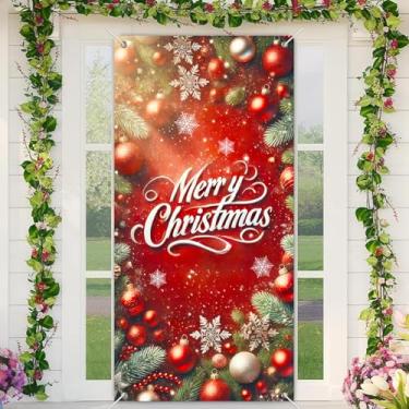 Imagem de BlissYard Capa de porta de Feliz Natal 188 x 89 cm Banners de porta de varanda de férias decoração inverno fundo vermelho com flocos de neve verde para placa de fundo interior exterior decoração de