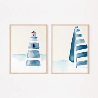 Imagem de Pôsteres De Verão Em Estilo Aquarela Azul, Sem Moldura, 2 Peças, Decor