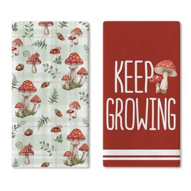Imagem de Croar Conjunto de 2 panos de prato de cozinha vermelho cogumelo, Keep Growing Forest Botanical Cottagecore Toalha de mão para assar pano de cozinha, natureza samambaia planta bolota banheiro decoração