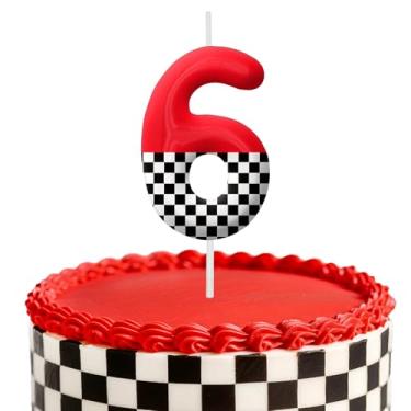 Imagem de Velas de aniversário de carro de corrida, decoração de topo de bolo de 6 cm, bandeira quadriculada número 6 velas, decorações de aniversário, decorações de bolo de festa de aniversário, suprimentos de