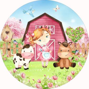Imagem de Painel de Lona Redondo Fazendinha Jardim Menina Rosa Aquarela - Fabrik