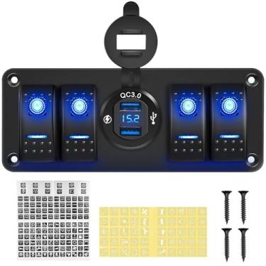 Imagem de NORTHYUN Painel de interruptor basculante de 4 grupos 12 V/24 V com carregador USB QC3.0, voltímetro, painel de interruptor pré-fio, à prova d'água, alumínio com 132 peças, adesivos de brilho noturno