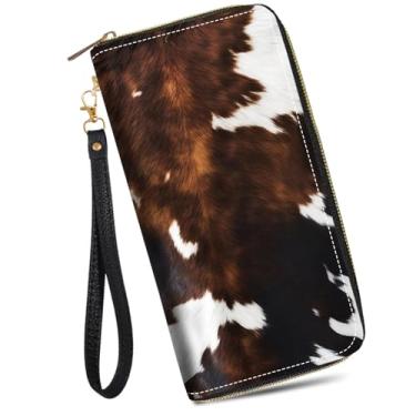 Imagem de JDHJFBFJNP Carteira feminina de grande capacidade de couro PU com zíper bolsa clutch para dinheiro/cartão/moeda/smartphone, Estampa de vaca marrom, One Zipper Wallet