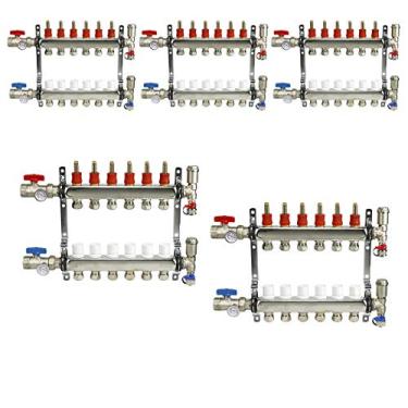 Imagem de Midline Valve Coletor PEX NQT106-5 1,27 cm para sistema de aquecimento radiante; com válvulas, ventilações, medidores e suportes de montagem; aço inoxidável; 6 portas (pacote com 5)