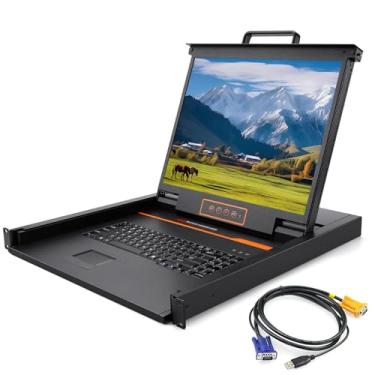 Imagem de Kinan Console Kvm para Montagem Em Rack, Monitor de Montagem Em Rack de 19", Kvm Vga de Porta Única, Gaveta Kvm Lcd 1U com Teclado e Touch Pad, 17,6"X19,9"X1,67"(Wxdxh)1280×1024@60Hz, Usb/Vga Kvm Cabo