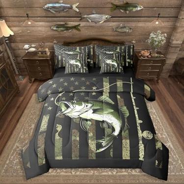 Imagem de Erosebridal Conjunto de edredom de peixe robalo com lençol (7 peças, tamanho solteiro) - Jogo de cama com bandeira americana verde exército para crianças, meninos, adolescentes e homens, caçando