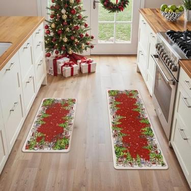 Imagem de GENIMO Decorações de Natal – Tapetes de cozinha para chão, 2 peças de tapetes de cozinha de Natal, tapete acolchoado antifadiga para decoração de casa, tapete antiderrapante impermeável para